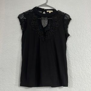 New Black Lace Mesh Cap Sleeve High Neck Keyhole Blouse Small